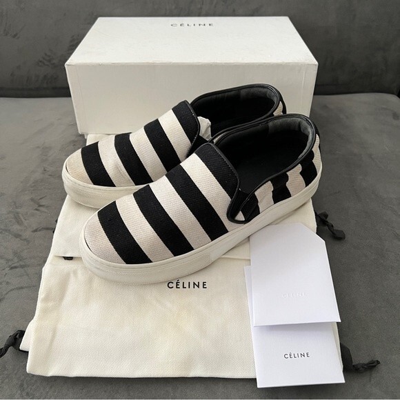 Celine Black/White Striped Canvas Slip On Sneakers - Picture 3 of 16